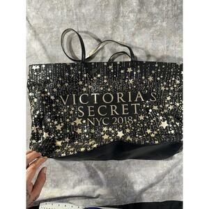 Victoria's Secret NYC 2018 Black & Gold with Stars Zip Canvas Tote Bag Large